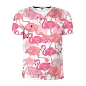 Мужская футболка 3D спортивная с принтом Фламинго в Санкт-Петербурге, 100% полиэстер с улучшенными характеристиками | приталенный силуэт, круглая горловина, широкие плечи, сужается к линии бедра | Тематика изображения на принте: abstraction | beak | bird | coral | fauna | feathers | flamingo | flora | happiness | jungle | leaves | nature | pink | tropical | tropics | white | абстракция | белый | джунгли | клюв | коралловый | листья | перья | природа | птица | розовый | счастье | 