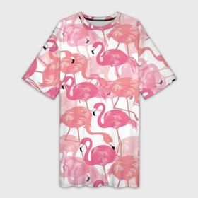 Платье-футболка 3D с принтом Фламинго в Санкт-Петербурге,  |  | abstraction | beak | bird | coral | fauna | feathers | flamingo | flora | happiness | jungle | leaves | nature | pink | tropical | tropics | white | абстракция | белый | джунгли | клюв | коралловый | листья | перья | природа | птица | розовый | счастье | 