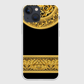 Чехол для iPhone 13 mini с принтом Золотой орнамент в Санкт-Петербурге,  |  | black | circle | curlicues | decor | glitter | gold | gold ornament | lux | luxury | monograms | pattern | yellow | блеск | вензеля | декор | желтый | завитушки | золото | золотой орнамент | круг | люкс | роскошь | узор | черный