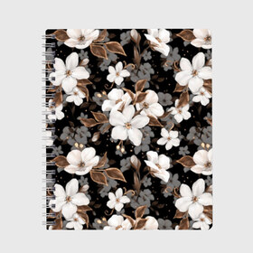 Тетрадь с принтом Белые цветы в Санкт-Петербурге, 100% бумага | 48 листов, плотность листов — 60 г/м2, плотность картонной обложки — 250 г/м2. Листы скреплены сбоку удобной пружинной спиралью. Уголки страниц и обложки скругленные. Цвет линий — светло-серый
 | black | bud | cute | flora | flowers | golden | leaves | plant | romance | spring | tenderness | white | yellow | белый | бутон | весна | желтый | золотой | листья | мило | нежность | растение | романтика | флора | цветы | черный