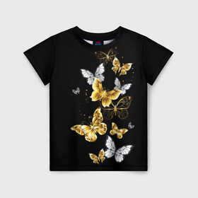 Детская футболка 3D с принтом Золотые бабочки в Санкт-Петербурге, 100% гипоаллергенный полиэфир | прямой крой, круглый вырез горловины, длина до линии бедер, чуть спущенное плечо, ткань немного тянется | Тематика изображения на принте: airy | black | butterfly | cool | cute | flight | flit | gold | insect | magical | white | wings | yellow | бабочка | белый | воздушный | волшебный | желтый | золото | крылья | милый | насекомое | полёт | порхать | прикольный | черный
