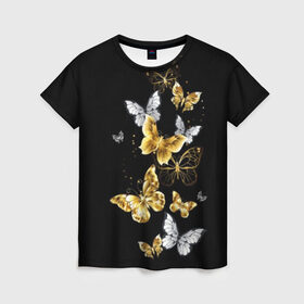 Женская футболка 3D с принтом Золотые бабочки в Санкт-Петербурге, 100% полиэфир ( синтетическое хлопкоподобное полотно) | прямой крой, круглый вырез горловины, длина до линии бедер | airy | black | butterfly | cool | cute | flight | flit | gold | insect | magical | white | wings | yellow | бабочка | белый | воздушный | волшебный | желтый | золото | крылья | милый | насекомое | полёт | порхать | прикольный | черный