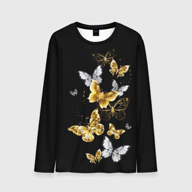 Мужской лонгслив 3D с принтом Золотые бабочки в Санкт-Петербурге, 100% полиэстер | длинные рукава, круглый вырез горловины, полуприлегающий силуэт | airy | black | butterfly | cool | cute | flight | flit | gold | insect | magical | white | wings | yellow | бабочка | белый | воздушный | волшебный | желтый | золото | крылья | милый | насекомое | полёт | порхать | прикольный | черный