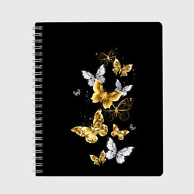 Тетрадь с принтом Золотые бабочки в Санкт-Петербурге, 100% бумага | 48 листов, плотность листов — 60 г/м2, плотность картонной обложки — 250 г/м2. Листы скреплены сбоку удобной пружинной спиралью. Уголки страниц и обложки скругленные. Цвет линий — светло-серый
 | airy | black | butterfly | cool | cute | flight | flit | gold | insect | magical | white | wings | yellow | бабочка | белый | воздушный | волшебный | желтый | золото | крылья | милый | насекомое | полёт | порхать | прикольный | черный