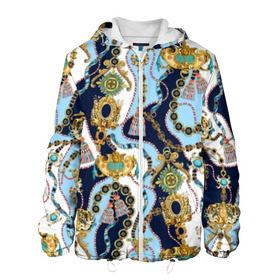 Мужская куртка 3D с принтом Барокко в Санкт-Петербурге, ткань верха — 100% полиэстер, подклад — флис | прямой крой, подол и капюшон оформлены резинкой с фиксаторами, два кармана без застежек по бокам, один большой потайной карман на груди. Карман на груди застегивается на липучку | baroque | blue | chain | decoration | fringe | gold | ribbon | style | vintage | white | барокко | бахрома | белый | винтаж | золото | кисточка | лента | синий | стиль | украшения | цепочка