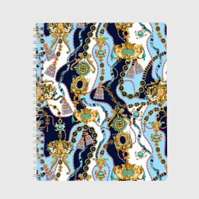 Тетрадь с принтом Барокко в Санкт-Петербурге, 100% бумага | 48 листов, плотность листов — 60 г/м2, плотность картонной обложки — 250 г/м2. Листы скреплены сбоку удобной пружинной спиралью. Уголки страниц и обложки скругленные. Цвет линий — светло-серый
 | Тематика изображения на принте: baroque | blue | chain | decoration | fringe | gold | ribbon | style | vintage | white | барокко | бахрома | белый | винтаж | золото | кисточка | лента | синий | стиль | украшения | цепочка