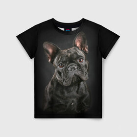 Детская футболка 3D с принтом Французский бульдог в Санкт-Петербурге, 100% гипоаллергенный полиэфир | прямой крой, круглый вырез горловины, длина до линии бедер, чуть спущенное плечо, ткань немного тянется | animal | background | beast | black | breed | bulldog | cool | cute | dog | ears | french | jaw | look | muzzle | portrait | wool | бульдог | взгляд | животное | зверь | милый | пёс | порода | портрет | прикольно | псина | собака | уши | фон | фра