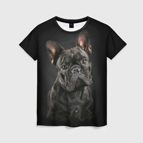Женская футболка 3D с принтом Французский бульдог в Санкт-Петербурге, 100% полиэфир ( синтетическое хлопкоподобное полотно) | прямой крой, круглый вырез горловины, длина до линии бедер | animal | background | beast | black | breed | bulldog | cool | cute | dog | ears | french | jaw | look | muzzle | portrait | wool | бульдог | взгляд | животное | зверь | милый | пёс | порода | портрет | прикольно | псина | собака | уши | фон | фра