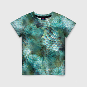 Детская футболка 3D с принтом Чешуя русалки в Санкт-Петербурге, 100% гипоаллергенный полиэфир | прямой крой, круглый вырез горловины, длина до линии бедер, чуть спущенное плечо, ткань немного тянется | blue | color | fish | gray | green | mermaid | neyad | pattern | scales | sea | siren | skin | turquoise | wallpaper | water | бирюзовый | вода | зеленый | кожа | море | неяда | обои | паттерн | русалка | рыба | серый | сирена | цвет | чешуя