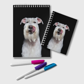 Блокнот с принтом Белый шнауцер в Санкт-Петербурге, 100% бумага | 48 листов, плотность листов — 60 г/м2, плотность картонной обложки — 250 г/м2. Листы скреплены удобной пружинной спиралью. Цвет линий — светло-серый
 | animal | background | beast | black | breed | cool | cute | dog | ears | fangs | jaw | look | muzzle | portrait | tongue | white | wool | белый | взгляд | животное | зверь | клыки | милый | пёс | порода | портрет | прикольно | псина | собака | уши