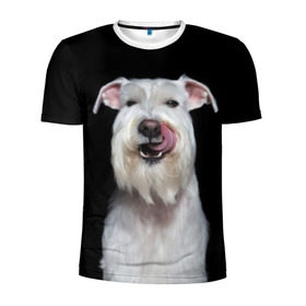 Мужская футболка 3D спортивная с принтом Белый шнауцер в Санкт-Петербурге, 100% полиэстер с улучшенными характеристиками | приталенный силуэт, круглая горловина, широкие плечи, сужается к линии бедра | animal | background | beast | black | breed | cool | cute | dog | ears | fangs | jaw | look | muzzle | portrait | tongue | white | wool | белый | взгляд | животное | зверь | клыки | милый | пёс | порода | портрет | прикольно | псина | собака | уши