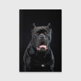 Обложка для паспорта матовая кожа с принтом Черный кан - корсо в Санкт-Петербурге, натуральная матовая кожа | размер 19,3 х 13,7 см; прозрачные пластиковые крепления | Тематика изображения на принте: animal | background | beast | black | breed | can   corso | cool | cute | dog | ears | fangs | jaw | look | muzzle | portrait | tongue | wool | взгляд | животное | зверь | кан   корсо | клыки | милый | пёс | порода | портрет | прикольно | псина | 