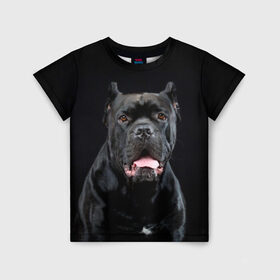 Детская футболка 3D с принтом Черный кан - корсо в Санкт-Петербурге, 100% гипоаллергенный полиэфир | прямой крой, круглый вырез горловины, длина до линии бедер, чуть спущенное плечо, ткань немного тянется | Тематика изображения на принте: animal | background | beast | black | breed | can   corso | cool | cute | dog | ears | fangs | jaw | look | muzzle | portrait | tongue | wool | взгляд | животное | зверь | кан   корсо | клыки | милый | пёс | порода | портрет | прикольно | псина | 