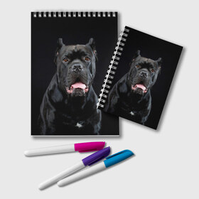 Блокнот с принтом Черный кан - корсо в Санкт-Петербурге, 100% бумага | 48 листов, плотность листов — 60 г/м2, плотность картонной обложки — 250 г/м2. Листы скреплены удобной пружинной спиралью. Цвет линий — светло-серый
 | animal | background | beast | black | breed | can   corso | cool | cute | dog | ears | fangs | jaw | look | muzzle | portrait | tongue | wool | взгляд | животное | зверь | кан   корсо | клыки | милый | пёс | порода | портрет | прикольно | псина | 