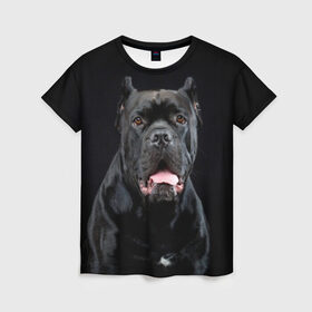 Женская футболка 3D с принтом Черный кан - корсо в Санкт-Петербурге, 100% полиэфир ( синтетическое хлопкоподобное полотно) | прямой крой, круглый вырез горловины, длина до линии бедер | Тематика изображения на принте: animal | background | beast | black | breed | can   corso | cool | cute | dog | ears | fangs | jaw | look | muzzle | portrait | tongue | wool | взгляд | животное | зверь | кан   корсо | клыки | милый | пёс | порода | портрет | прикольно | псина | 