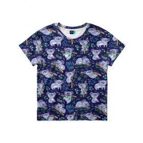 Детская футболка 3D с принтом Фиолетовые коалы в Санкт-Петербурге, 100% гипоаллергенный полиэфир | прямой крой, круглый вырез горловины, длина до линии бедер, чуть спущенное плечо, ткань немного тянется | animal | australia | baby | bear | blue | color | cute | exotic | green | illustration | koala | pattern | purple | vector | young | австралия | вектор | ветка | детеныш | животное | зеленый | иллюстрация | коала | листья | малыш | медведь | мил