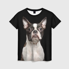 Женская футболка 3D с принтом Бостонский терьер в Санкт-Петербурге, 100% полиэфир ( синтетическое хлопкоподобное полотно) | прямой крой, круглый вырез горловины, длина до линии бедер | animal | background | beast | black | boston | breed | color | cool | cute | dog | ears | jaw | look | muzzle | pet | portrait | terrier | white | wool | белый | бостон | взгляд | животное | зверь | милый | пёс | питомец | порода | портрет | прико
