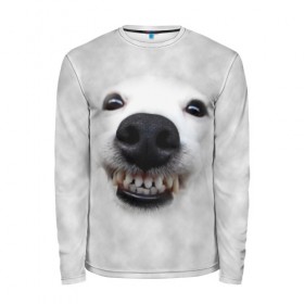 Мужской лонгслив 3D с принтом Собака - улыбака в Санкт-Петербурге, 100% полиэстер | длинные рукава, круглый вырез горловины, полуприлегающий силуэт | животные | зубы | мордочка | пес | прикол | смешная | собака | улыбака | улыбка | щенок | юмор