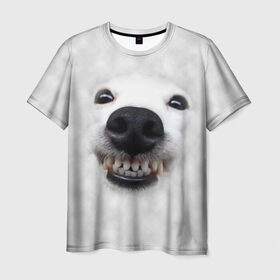 Мужская футболка 3D с принтом Собака - улыбака в Санкт-Петербурге, 100% полиэфир | прямой крой, круглый вырез горловины, длина до линии бедер | Тематика изображения на принте: животные | зубы | мордочка | пес | прикол | смешная | собака | улыбака | улыбка | щенок | юмор