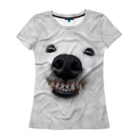 Женская футболка 3D с принтом Собака - улыбака в Санкт-Петербурге, 100% полиэфир ( синтетическое хлопкоподобное полотно) | прямой крой, круглый вырез горловины, длина до линии бедер | животные | зубы | мордочка | пес | прикол | смешная | собака | улыбака | улыбка | щенок | юмор