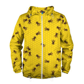 Мужская ветровка 3D с принтом Пчелы в сотах в Санкт-Петербурге, 100% полиэстер | подол и капюшон оформлены резинкой с фиксаторами, два кармана без застежек по бокам, один потайной карман на груди | bee | beehive | brown | bug | honey | honeycomb | insect | toiler | yellow | букашка | желтый | коричневый | мёд | насекомое | пчела | соты | труженик | улей