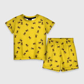 Детский костюм с шортами 3D с принтом Пчелы в сотах в Санкт-Петербурге,  |  | bee | beehive | brown | bug | honey | honeycomb | insect | toiler | yellow | букашка | желтый | коричневый | мёд | насекомое | пчела | соты | труженик | улей