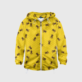 Детская ветровка 3D с принтом Пчелы в сотах в Санкт-Петербурге, 100% полиэстер | подол и капюшон оформлены резинкой с фиксаторами, по бокам два кармана без застежек, один потайной карман на груди | Тематика изображения на принте: bee | beehive | brown | bug | honey | honeycomb | insect | toiler | yellow | букашка | желтый | коричневый | мёд | насекомое | пчела | соты | труженик | улей