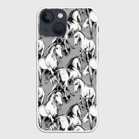 Чехол для iPhone 13 mini с принтом Белые лошади в Санкт-Петербурге,  |  | animal | black | cool | gray | hooves | horse | illustration | mane | mustang | muzzle | running | speed | tail | white | бег | белый | грива | животное | иллюстрация | копыта | лошадь | мустанг | прикольно | серый | скорость | хвост | черный