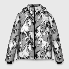 Мужская зимняя куртка 3D с принтом Белые лошади в Санкт-Петербурге, верх — 100% полиэстер; подкладка — 100% полиэстер; утеплитель — 100% полиэстер | длина ниже бедра, свободный силуэт Оверсайз. Есть воротник-стойка, отстегивающийся капюшон и ветрозащитная планка. 

Боковые карманы с листочкой на кнопках и внутренний карман на молнии. | animal | black | cool | gray | hooves | horse | illustration | mane | mustang | muzzle | running | speed | tail | white | бег | белый | грива | животное | иллюстрация | копыта | лошадь | мустанг | прикольно | серый | скорость | хвост | черный