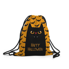 Рюкзак-мешок 3D с принтом Happy Halloween в Санкт-Петербурге, 100% полиэстер | плотность ткани — 200 г/м2, размер — 35 х 45 см; лямки — толстые шнурки, застежка на шнуровке, без карманов и подкладки | autumn | bat | black | cat | eyes | fangs | halloween | holiday | horror | horrors | mouse | yellow | глаза | желтый | жуть | клыки | кот | летучая | мышь | осень | праздник | ужасы | хэллоуин | черный