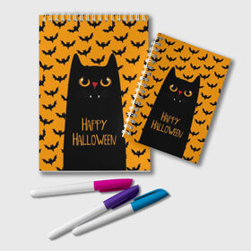 Блокнот с принтом Happy Halloween в Санкт-Петербурге, 100% бумага | 48 листов, плотность листов — 60 г/м2, плотность картонной обложки — 250 г/м2. Листы скреплены удобной пружинной спиралью. Цвет линий — светло-серый
 | autumn | bat | black | cat | eyes | fangs | halloween | holiday | horror | horrors | mouse | yellow | глаза | желтый | жуть | клыки | кот | летучая | мышь | осень | праздник | ужасы | хэллоуин | черный