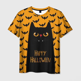Мужская футболка 3D с принтом Happy Halloween в Санкт-Петербурге, 100% полиэфир | прямой крой, круглый вырез горловины, длина до линии бедер | autumn | bat | black | cat | eyes | fangs | halloween | holiday | horror | horrors | mouse | yellow | глаза | желтый | жуть | клыки | кот | летучая | мышь | осень | праздник | ужасы | хэллоуин | черный