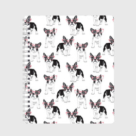 Тетрадь с принтом Французские бульдоги в очках в Санкт-Петербурге, 100% бумага | 48 листов, плотность листов — 60 г/м2, плотность картонной обложки — 250 г/м2. Листы скреплены сбоку удобной пружинной спиралью. Уголки страниц и обложки скругленные. Цвет линий — светло-серый
 | black | breed | cool | cute | dog | french bulldog | pink | puppy | white | белый | мило | очки | пёс | порода | прикольный | псина | розовый | собака | французский бульдог | черный | щенок