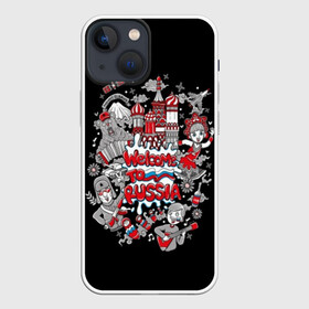 Чехол для iPhone 13 mini с принтом Welcome to Russia в Санкт-Петербурге,  |  | balalaika | bear | black | blue | flag | girl | kremlin | matryoshka | moscow | red | russia | text | white | балалайка | белый | гармонь | девушка | добро | кокошник | красная площадь | красный | кремль | мегаполис | медведь | москва | пожалова