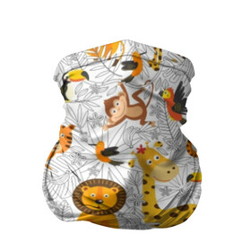 Бандана-труба 3D с принтом Тропические животные в Санкт-Петербурге, 100% полиэстер, ткань с особыми свойствами — Activecool | плотность 150‒180 г/м2; хорошо тянется, но сохраняет форму | Тематика изображения на принте: bananas | bird | brown | fauna | flora | giraffe | jungle | monkey | nature | parrot | red | tiger | tropics | white | wild | yellow | бананы | белый | джунгли | дикая | желтый | жираф | коричневый | красный | обезьяна | попугай | природа | птица | тигр |