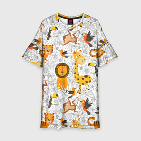 Детское платье 3D с принтом Тропические животные в Санкт-Петербурге, 100% полиэстер | прямой силуэт, чуть расширенный к низу. Круглая горловина, на рукавах — воланы | Тематика изображения на принте: bananas | bird | brown | fauna | flora | giraffe | jungle | monkey | nature | parrot | red | tiger | tropics | white | wild | yellow | бананы | белый | джунгли | дикая | желтый | жираф | коричневый | красный | обезьяна | попугай | природа | птица | тигр |