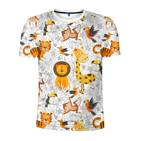 Мужская футболка 3D спортивная с принтом Тропические животные в Санкт-Петербурге, 100% полиэстер с улучшенными характеристиками | приталенный силуэт, круглая горловина, широкие плечи, сужается к линии бедра | bananas | bird | brown | fauna | flora | giraffe | jungle | monkey | nature | parrot | red | tiger | tropics | white | wild | yellow | бананы | белый | джунгли | дикая | желтый | жираф | коричневый | красный | обезьяна | попугай | природа | птица | тигр |
