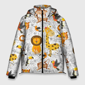 Мужская зимняя куртка 3D с принтом Тропические животные в Санкт-Петербурге, верх — 100% полиэстер; подкладка — 100% полиэстер; утеплитель — 100% полиэстер | длина ниже бедра, свободный силуэт Оверсайз. Есть воротник-стойка, отстегивающийся капюшон и ветрозащитная планка. 

Боковые карманы с листочкой на кнопках и внутренний карман на молнии. | bananas | bird | brown | fauna | flora | giraffe | jungle | monkey | nature | parrot | red | tiger | tropics | white | wild | yellow | бананы | белый | джунгли | дикая | желтый | жираф | коричневый | красный | обезьяна | попугай | природа | птица | тигр |
