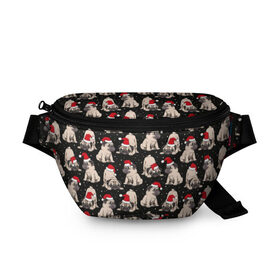 Поясная сумка 3D с принтом Новогодние мопсы в Санкт-Петербурге, 100% полиэстер | плотная ткань, ремень с регулируемой длиной, внутри несколько карманов для мелочей, основное отделение и карман с обратной стороны сумки застегиваются на молнию | black | christmas | cute | dog | funny | hat | new year | pug | puppy | red | snow | white | winter | белый | зима | красный | мило | мопс | новогодний | новый год | пёс | прикольно | рождество | снег | собака | собакен | чёрный | шапка | щенок