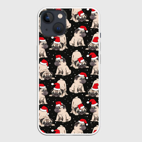 Чехол для iPhone 13 с принтом Новогодние мопсы в Санкт-Петербурге,  |  | black | christmas | cute | dog | funny | hat | new year | pug | puppy | red | snow | white | winter | белый | зима | красный | мило | мопс | новогодний | новый год | пёс | прикольно | рождество | снег | собака | собакен | чёрный | шапка | щенок