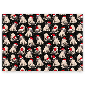 Поздравительная открытка с принтом Новогодние мопсы в Санкт-Петербурге, 100% бумага | плотность бумаги 280 г/м2, матовая, на обратной стороне линовка и место для марки
 | black | christmas | cute | dog | funny | hat | new year | pug | puppy | red | snow | white | winter | белый | зима | красный | мило | мопс | новогодний | новый год | пёс | прикольно | рождество | снег | собака | собакен | чёрный | шапка | щенок
