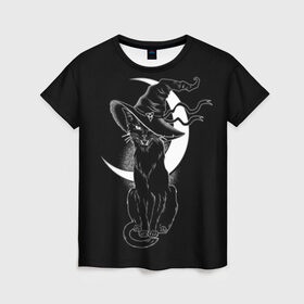 Женская футболка 3D с принтом Кошка колдунья в Санкт-Петербурге, 100% полиэфир ( синтетическое хлопкоподобное полотно) | прямой крой, круглый вырез горловины, длина до линии бедер | Тематика изображения на принте: black | cat | cl | crescent | fangs | halloween | hat | holiday | hunter | kitty | magic | month | moon | mystic | night | predator | white | witch | белый | ведьма | киса | клыки | когти | колдовство | кот | котэ | кошка | луна | магия | месяц | мистика 