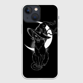 Чехол для iPhone 13 mini с принтом Кошка колдунья в Санкт-Петербурге,  |  | black | cat | cl | crescent | fangs | halloween | hat | holiday | hunter | kitty | magic | month | moon | mystic | night | predator | white | witch | белый | ведьма | киса | клыки | когти | колдовство | кот | котэ | кошка | луна | магия | месяц | мистика 