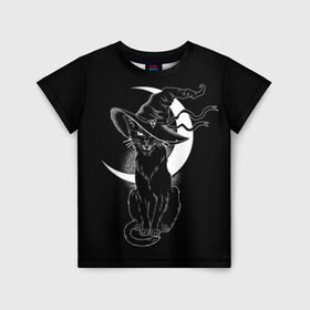 Детская футболка 3D с принтом Кошка колдунья в Санкт-Петербурге, 100% гипоаллергенный полиэфир | прямой крой, круглый вырез горловины, длина до линии бедер, чуть спущенное плечо, ткань немного тянется | Тематика изображения на принте: black | cat | cl | crescent | fangs | halloween | hat | holiday | hunter | kitty | magic | month | moon | mystic | night | predator | white | witch | белый | ведьма | киса | клыки | когти | колдовство | кот | котэ | кошка | луна | магия | месяц | мистика 