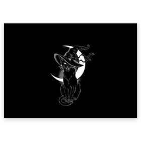 Поздравительная открытка с принтом Кошка колдунья в Санкт-Петербурге, 100% бумага | плотность бумаги 280 г/м2, матовая, на обратной стороне линовка и место для марки
 | Тематика изображения на принте: black | cat | cl | crescent | fangs | halloween | hat | holiday | hunter | kitty | magic | month | moon | mystic | night | predator | white | witch | белый | ведьма | киса | клыки | когти | колдовство | кот | котэ | кошка | луна | магия | месяц | мистика 