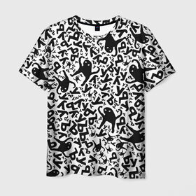 Мужская футболка 3D с принтом ЪУЪ в Санкт-Петербурге, 100% полиэфир | прямой крой, круглый вырез горловины, длина до линии бедер | белый | буквы | кот | кошка | мем | паттерн | узор | уъу | черный