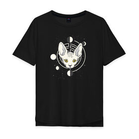 Мужская футболка хлопок Oversize с принтом Кот с Лунами в Санкт-Петербурге, 100% хлопок | свободный крой, круглый ворот, “спинка” длиннее передней части | Тематика изображения на принте: астрология | астрономия | космос | кот | котики | коты | луна | луны | сфинкс