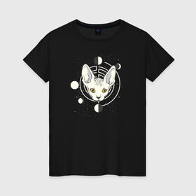 Женская футболка хлопок с принтом Кот с Лунами в Санкт-Петербурге, 100% хлопок | прямой крой, круглый вырез горловины, длина до линии бедер, слегка спущенное плечо | астрология | астрономия | космос | кот | котики | коты | луна | луны | сфинкс