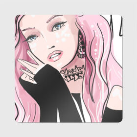 Магнит виниловый Квадрат с принтом Очаровательная милая девушка с розовыми волосами в Санкт-Петербурге, полимерный материал с магнитным слоем | размер 9*9 см, закругленные углы | блестками | волосами | восхитительная | девушка | иллюстрация | красивая | мечтательная | милая | рисунок | розовый | розовыми | руки | украшения | украшениями | фэшн