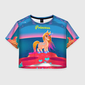 Женская футболка Cropp-top с принтом Милый единорог в Санкт-Петербурге, 100% полиэстер | круглая горловина, длина футболки до линии талии, рукава с отворотами | pony | грива | девочка | единорог | конь | копыта | красивая | лошадка | лошадь | милая | пони | природа закат | радуга